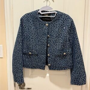 Maje Navy Tweed/Denim Blazer Jacket with Silver Buttons